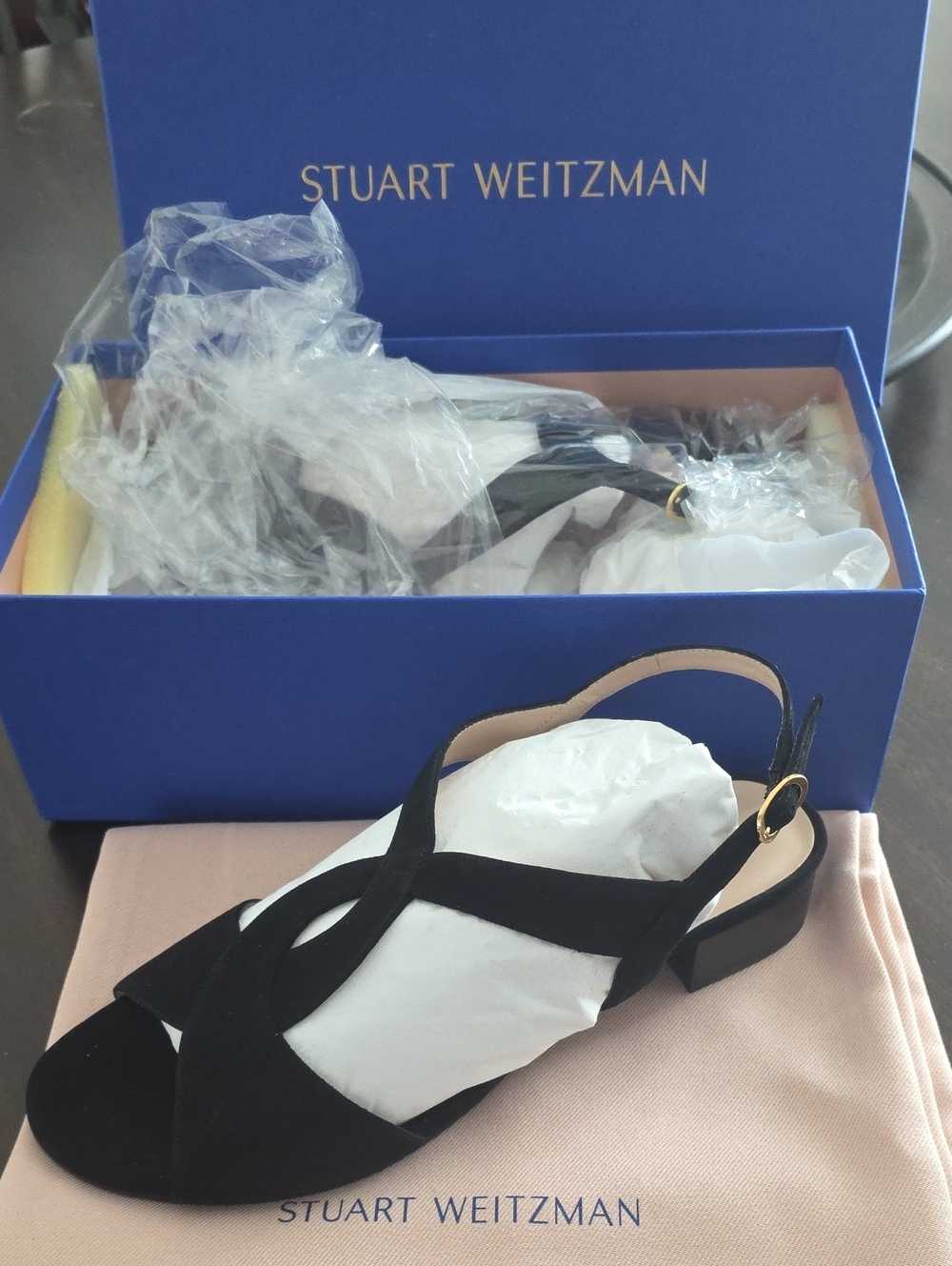 Stuart Weitzman Black Suede Cross-Strap Slingback Sandals